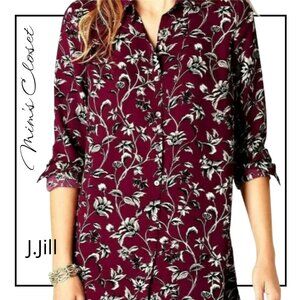 J.JILL Crepe Burgundy Floral Tunic with Mother-of-Pearl Buttons - Size M